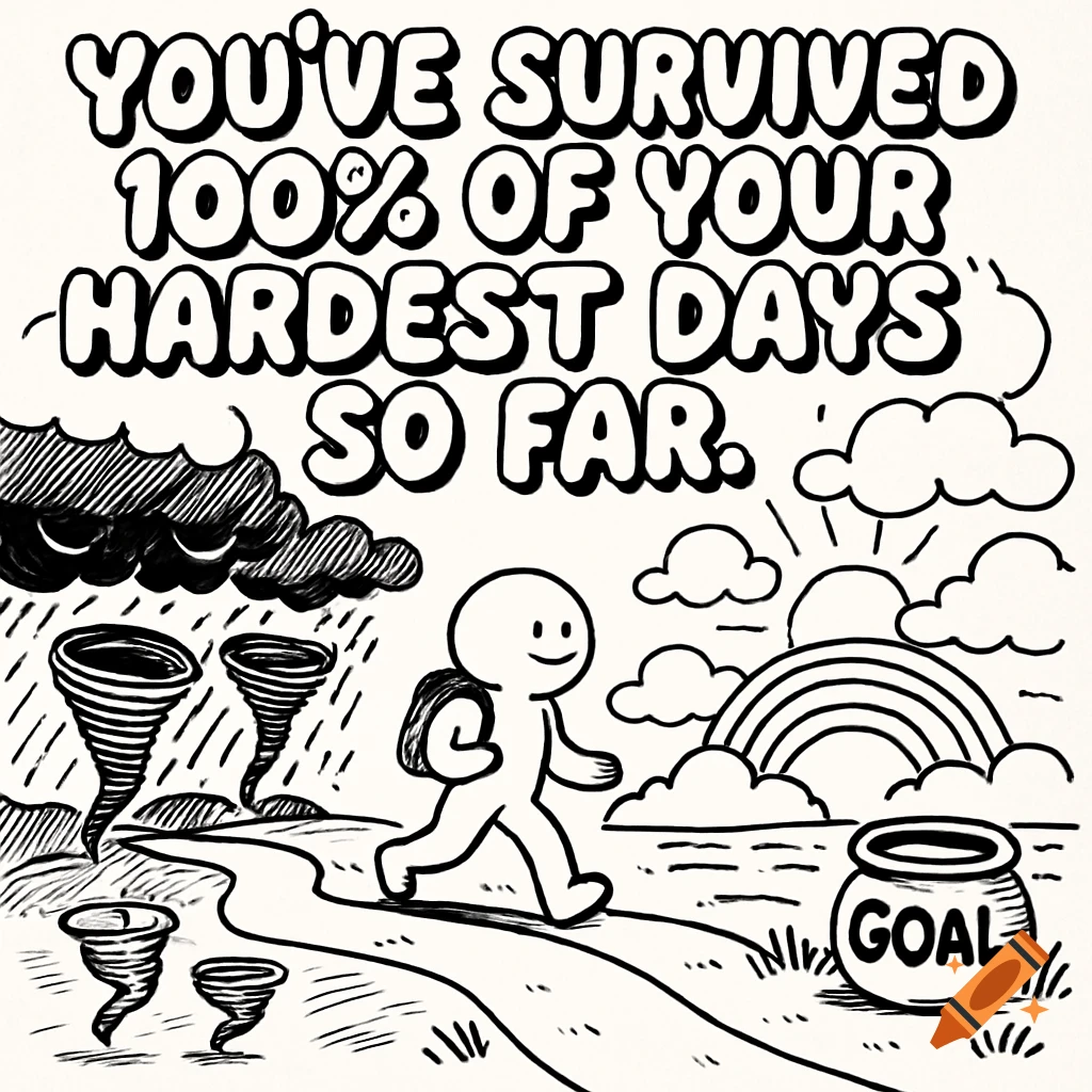A simple line art illustration of a figure walking from storms towards sunshine with a rainbow and goal pot. Text: "You’ve survived 100% of your hardest days so far."