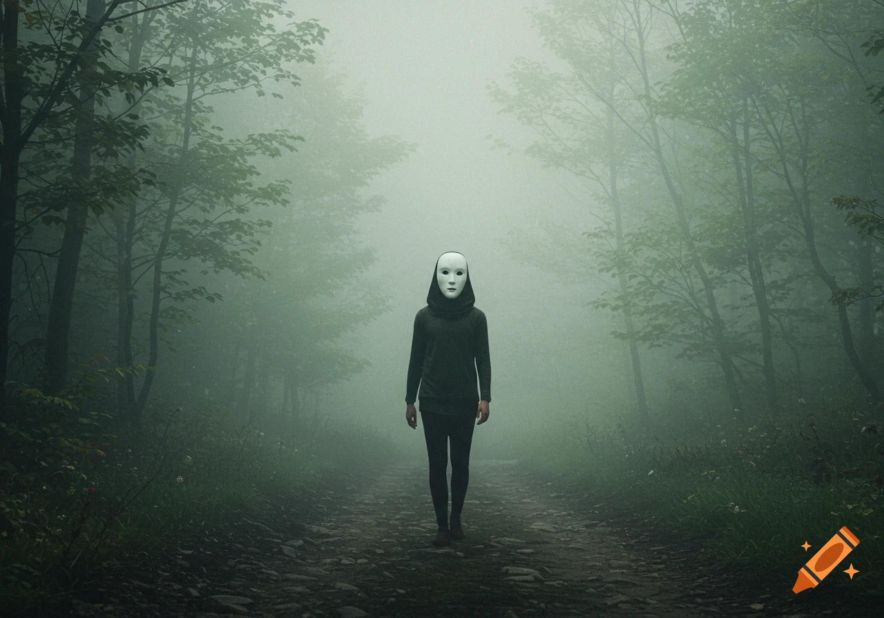 Figure in a white mask walking through a foggy forest