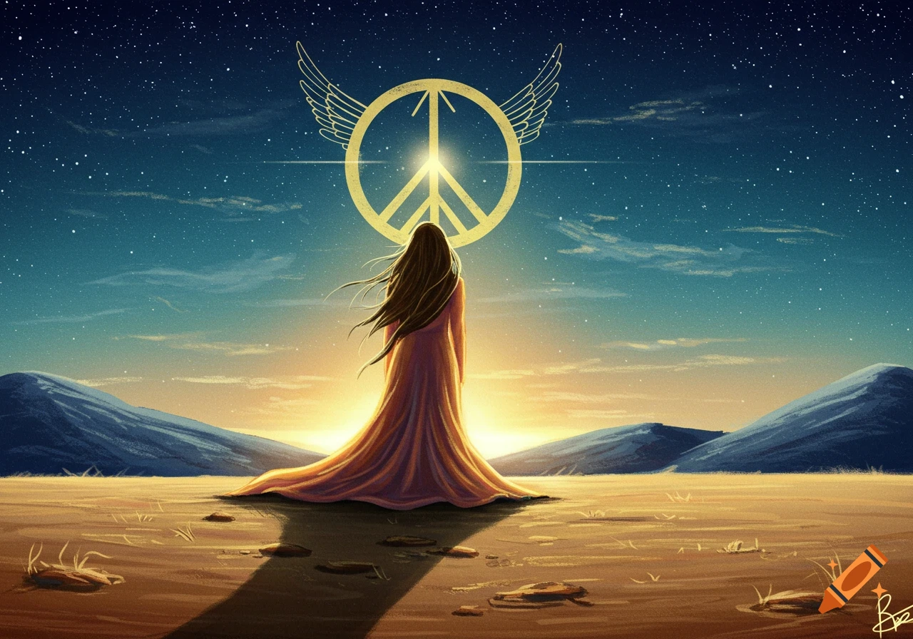 Person stands in desert landscape looking up at a large golden peace symbol with wings in the sky, transitioning from sunset to night.