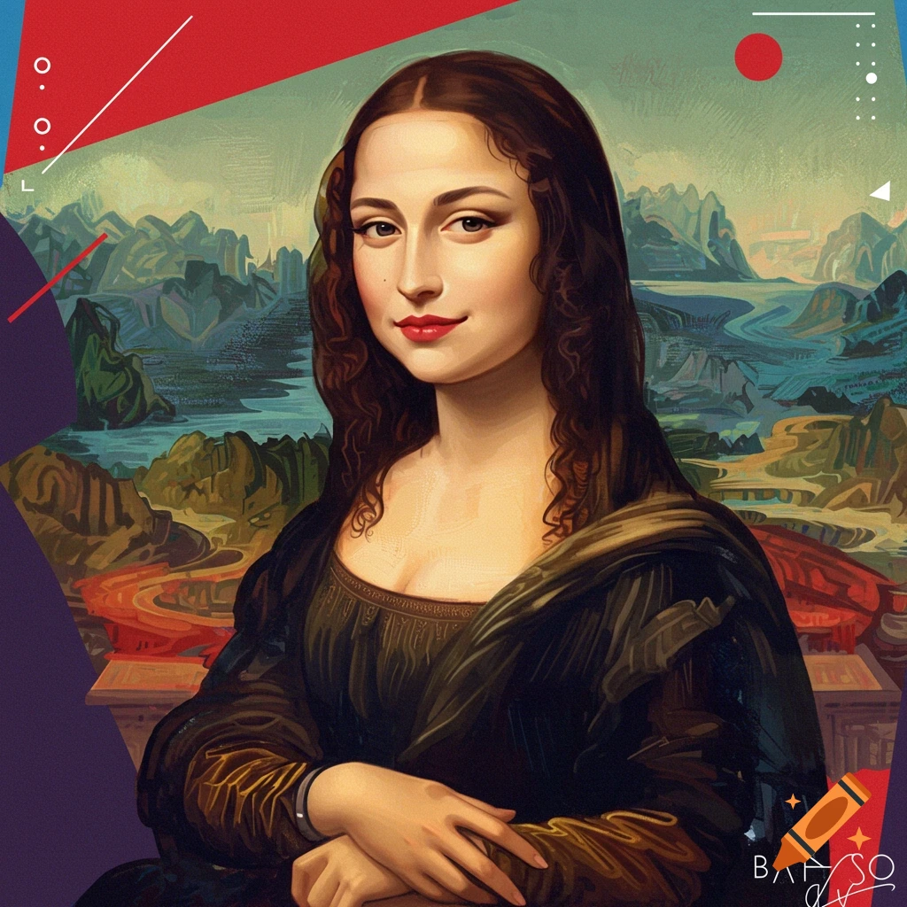 Modern styled portrait of a woman resembling the Mona Lisa with abstract geometric elements.