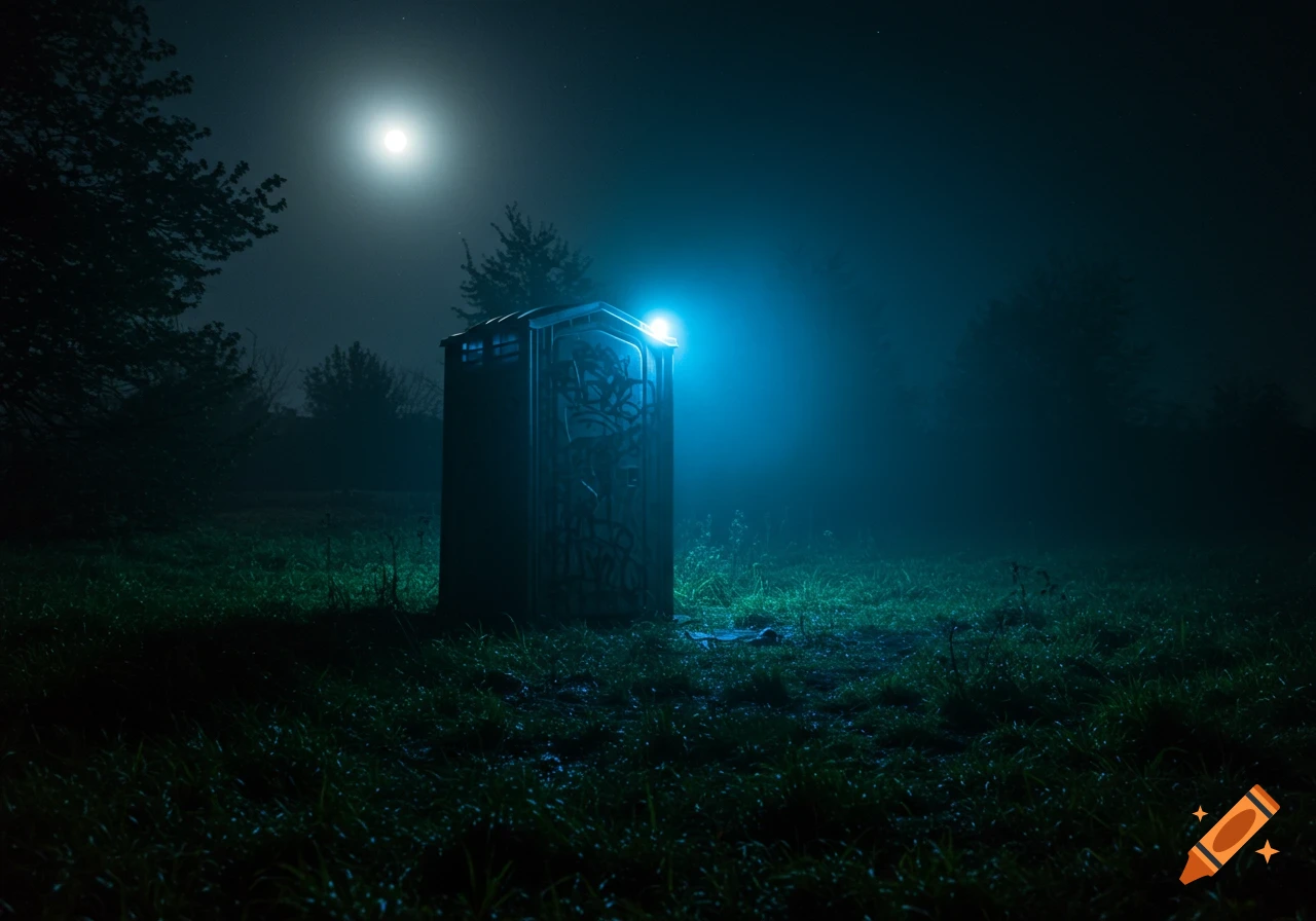 A portable toilet in a dark, misty field at night, lit by a spooky blue light and moon.