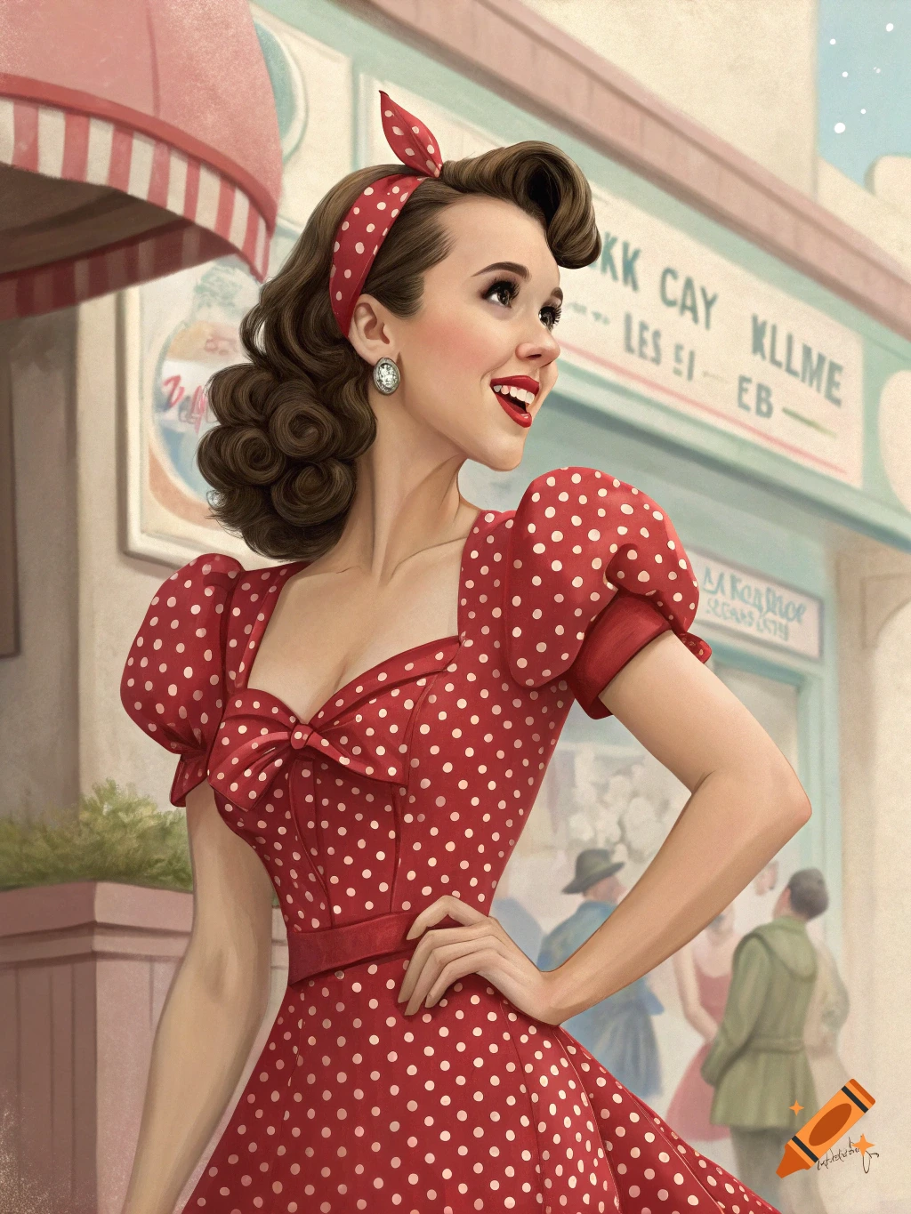 Portrait of a woman in a red polka dot dress with a matching headband in a retro pinup style.