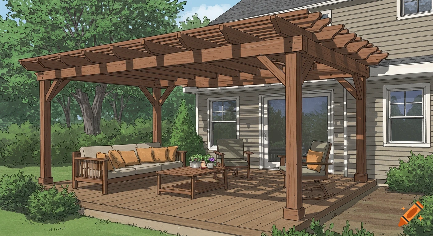 Architectural illustration of a wooden pergola over a deck with outdoor furniture next to a house.