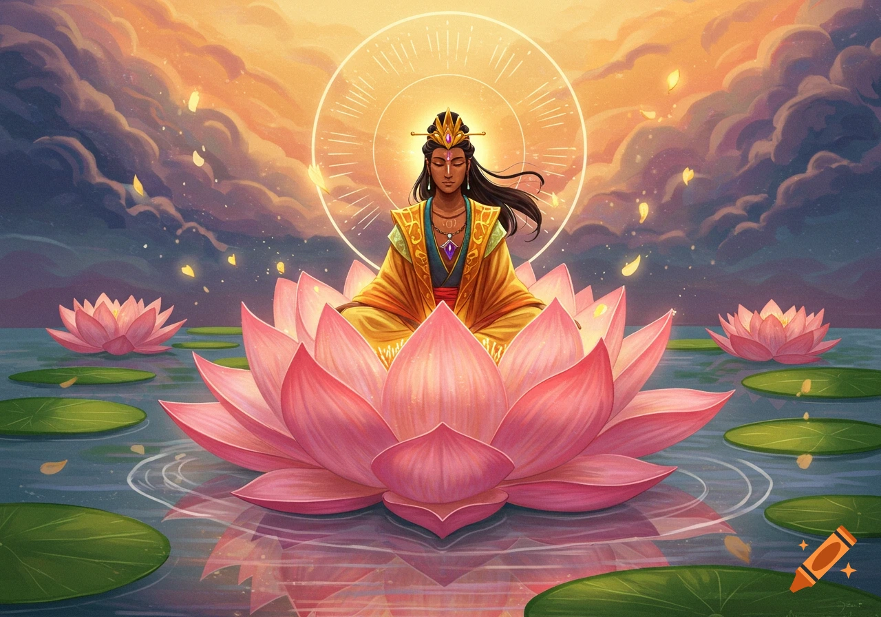 Person meditating on a large pink lotus flower on water at sunset, with a glowing halo.