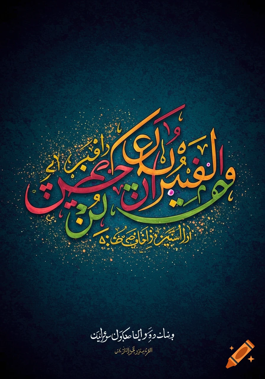 Colorful Arabic calligraphy on a textured dark blue background with golden sparkles.