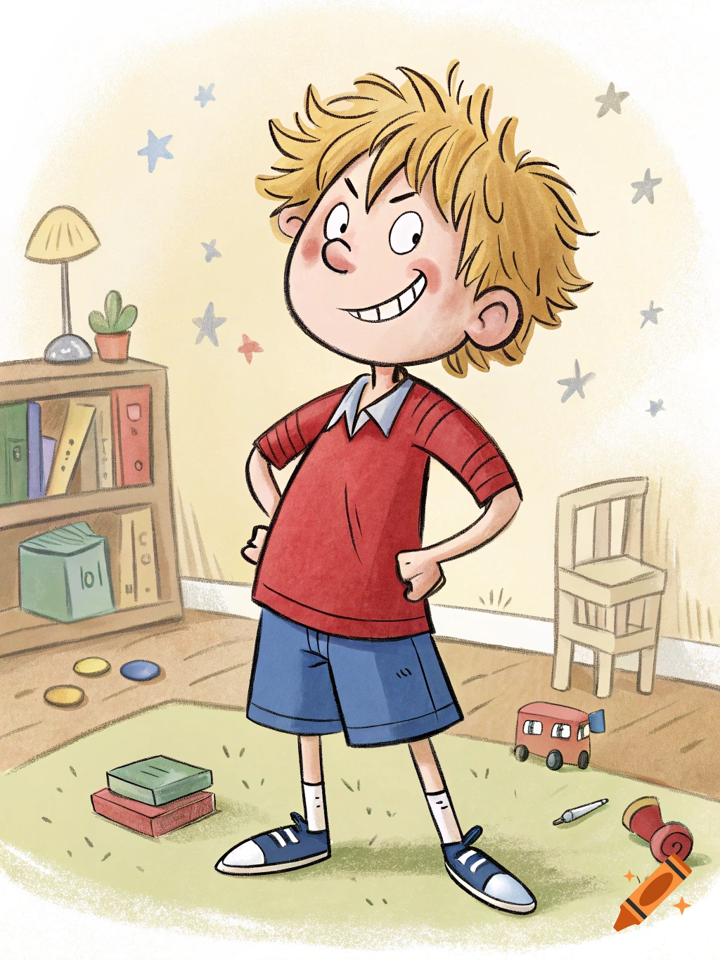A cartoon illustration of a mischievous-looking boy with spiky blond hair standing in a messy room with toys and books.