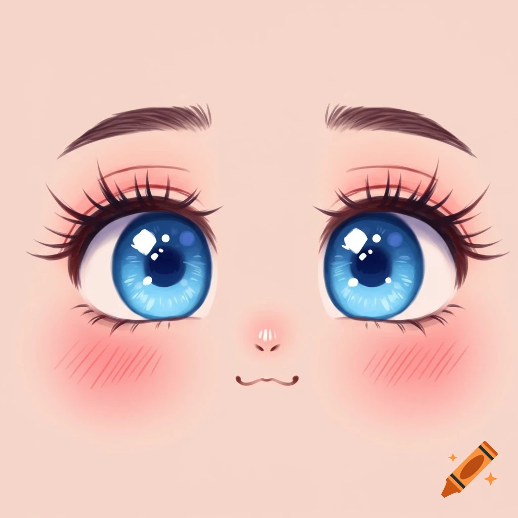 Close-up of wide, bright blue anime eyes with long lashes and rosy cheeks.