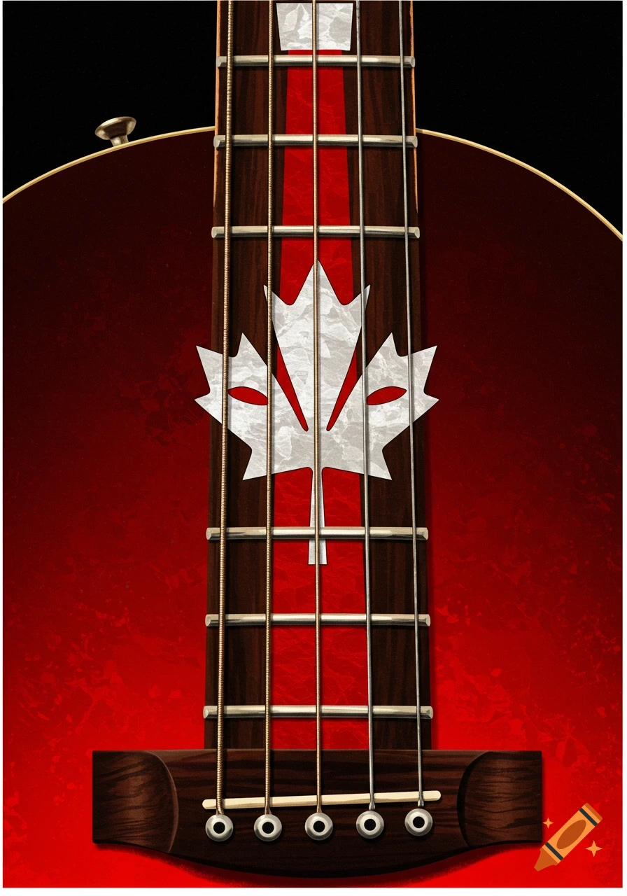 Close-up of a guitar fretboard and body decorated with a Canadian flag design.