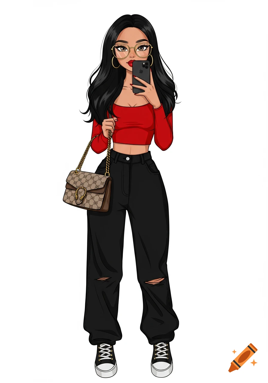 Cartoon illustration of a woman taking a selfie, wearing a red crop top, black ripped jeans, glasses, and a patterned bag.