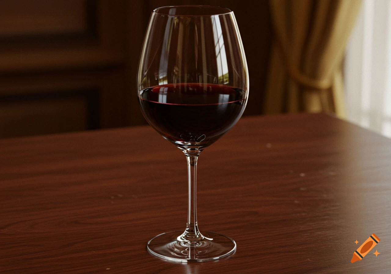 A glass of red wine sits on a wooden table.