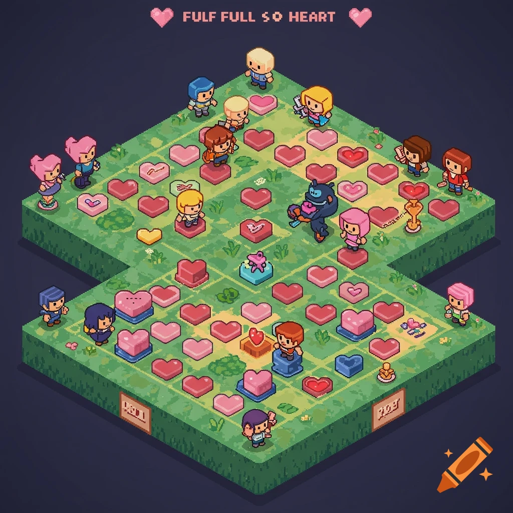 Pixel art scene of cute characters playing on a board game covered in pink and red hearts
