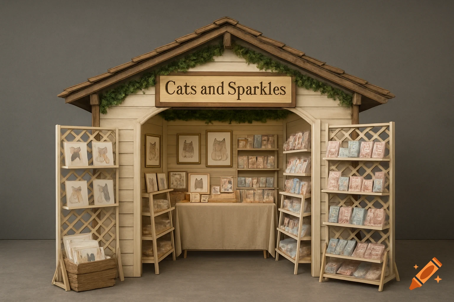 A realistic miniature shop booth named 'Cats and Sparkles' filled with framed cat pictures and merchandise on shelves.