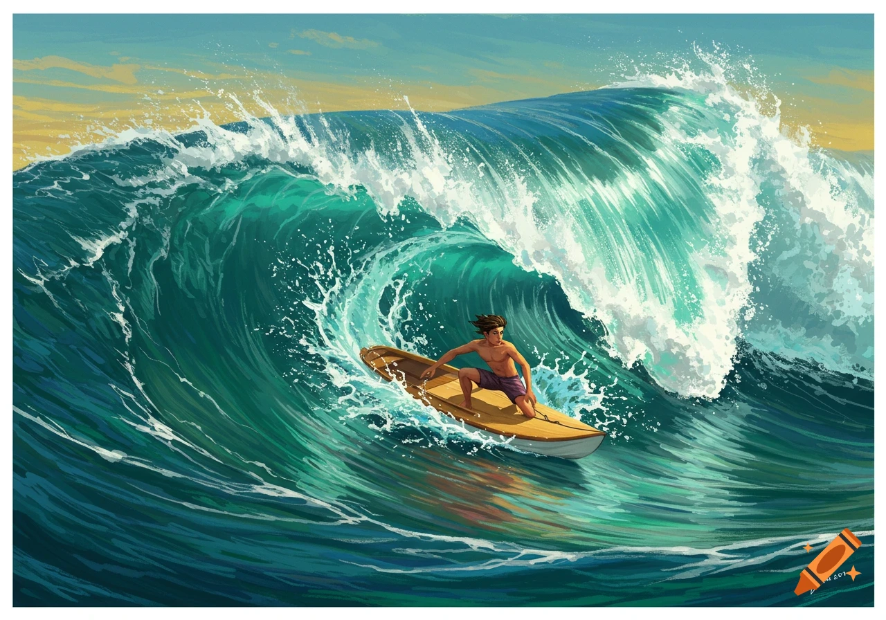 Illustrated man rides a large wave on a surfboard