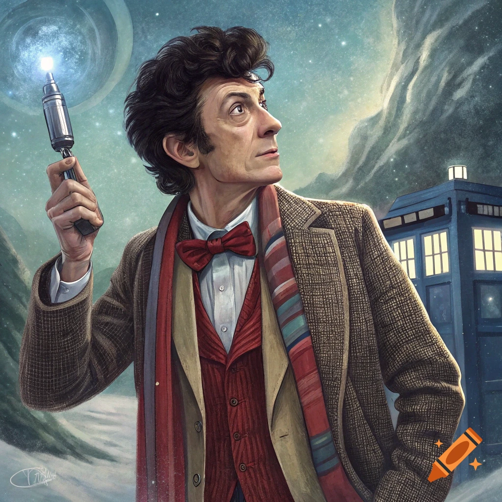 A man resembling Doctor Who holds a sonic screwdriver, standing in a snowy landscape with a TARDIS in the background under a starry sky, digital painting.