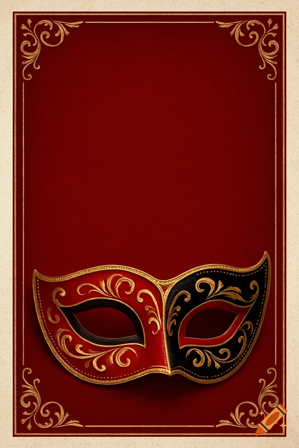 Red and black masquerade mask on a deep red background with gold frame.