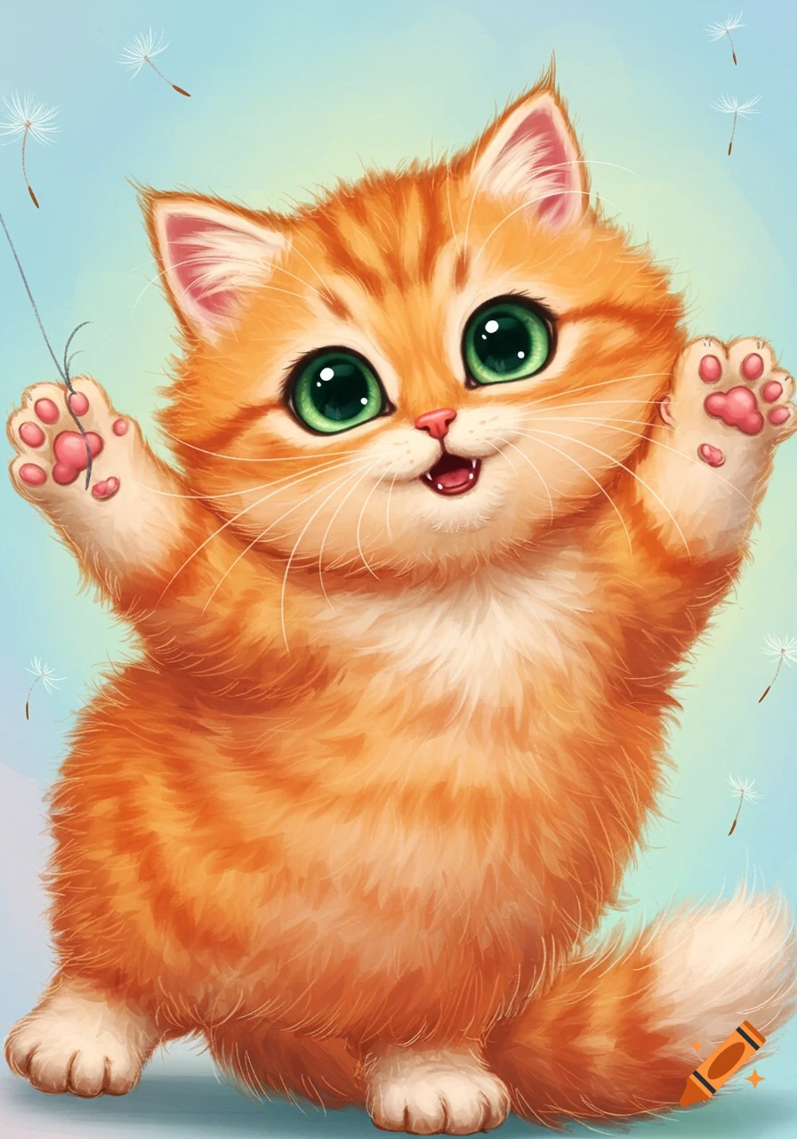 An adorable orange kitten with green eyes reaching up, playing with dandelion seeds. Stylized illustration.