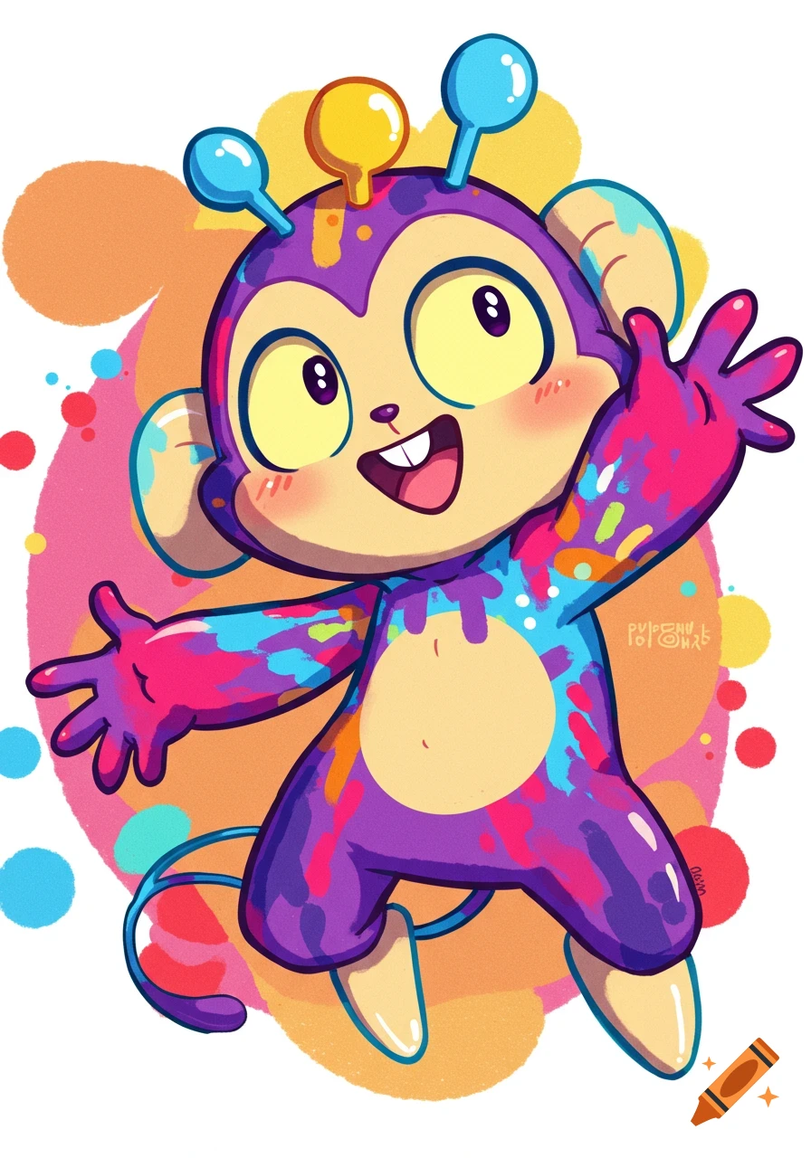 A brightly colored cartoon monkey covered in purple, pink, blue, and yellow paint splatters, smiling and waving.
