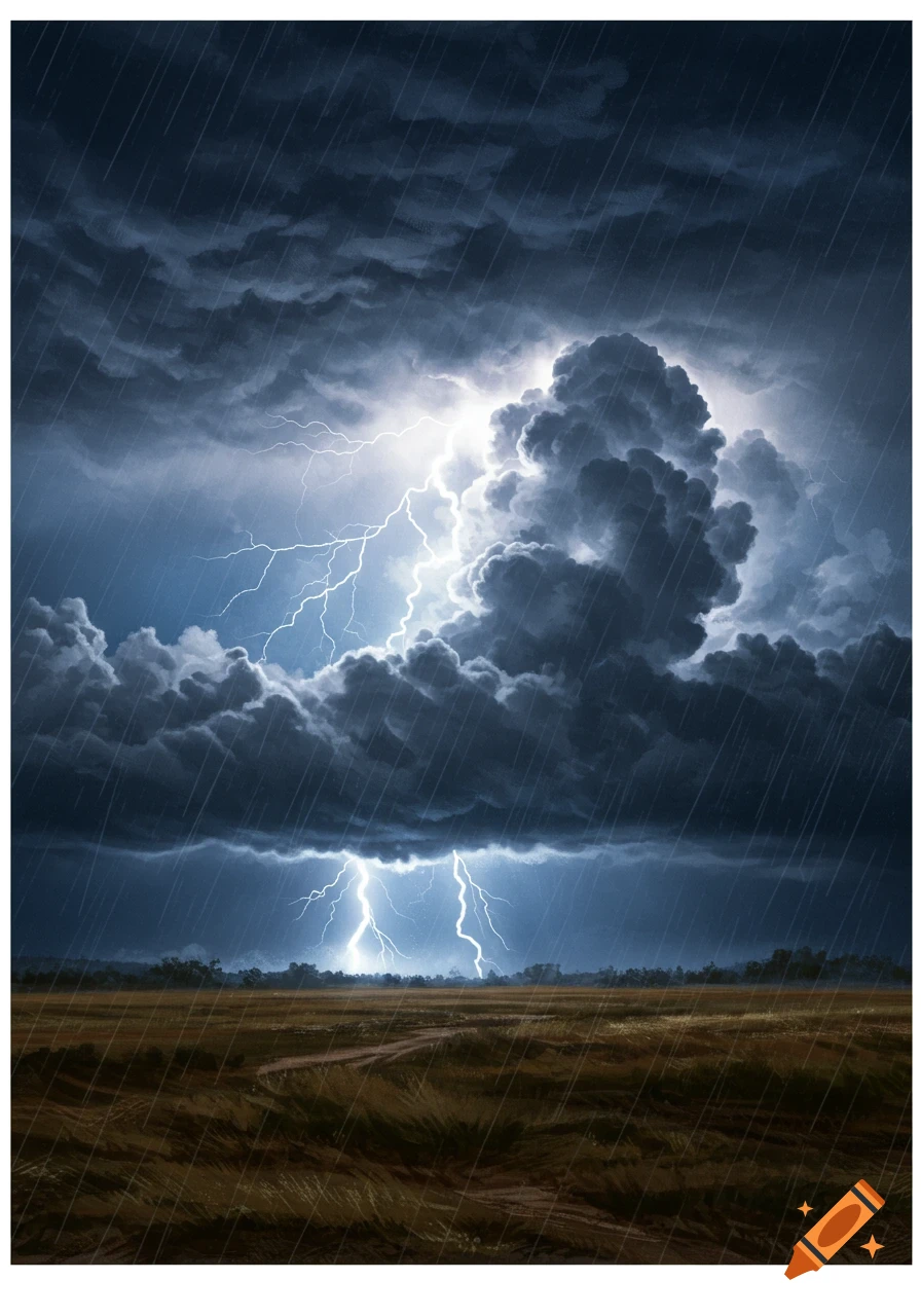 A dark storm cloud looms over a field with lightning striking and rain ...