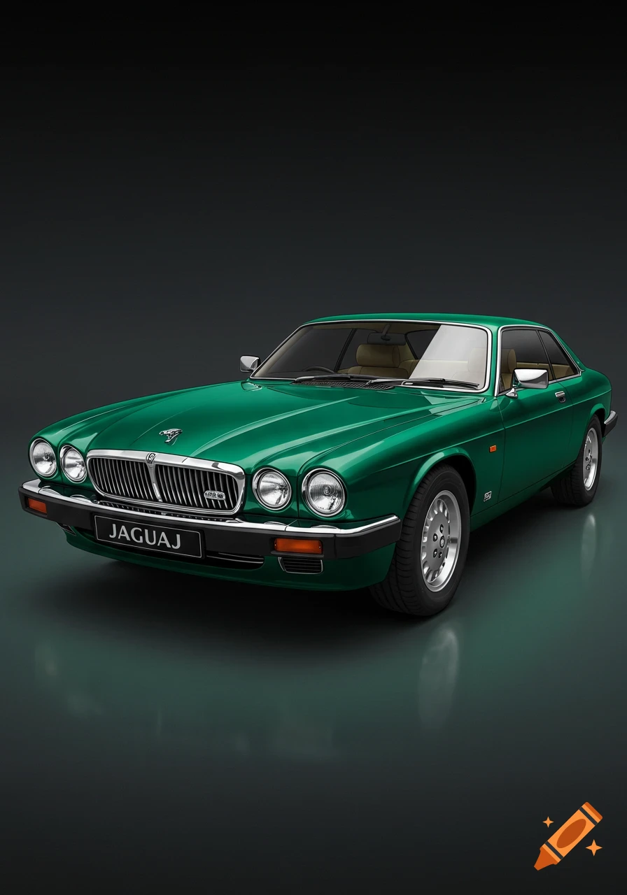 A green Jaguar coupe on a dark background.