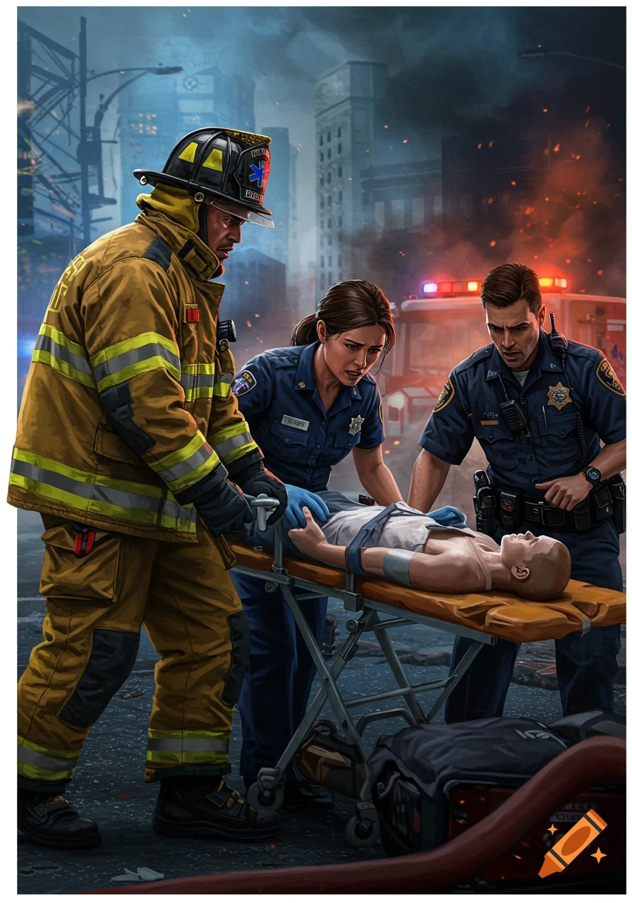 Firefighter and police/EMT attending to an injured child on a stretcher in a smoky urban emergency scene, illustration.