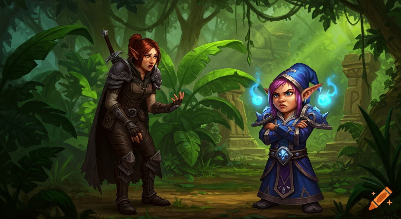 Fantasy art of a human rogue apologizing to an annoyed gnome mage in a jungle ruin setting.