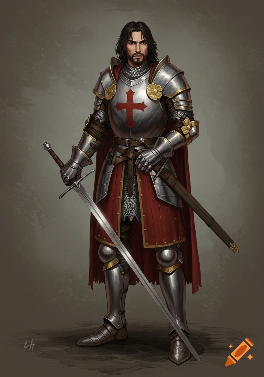 A fantasy knight in ornate silver armor with a red cross on his chest stands holding a large sword.