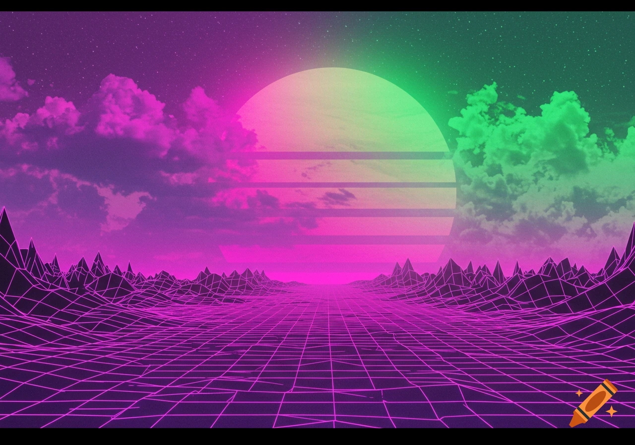 Neon pink grid landscape with mountains under a purple and green starry sky and a large sun with horizontal lines.