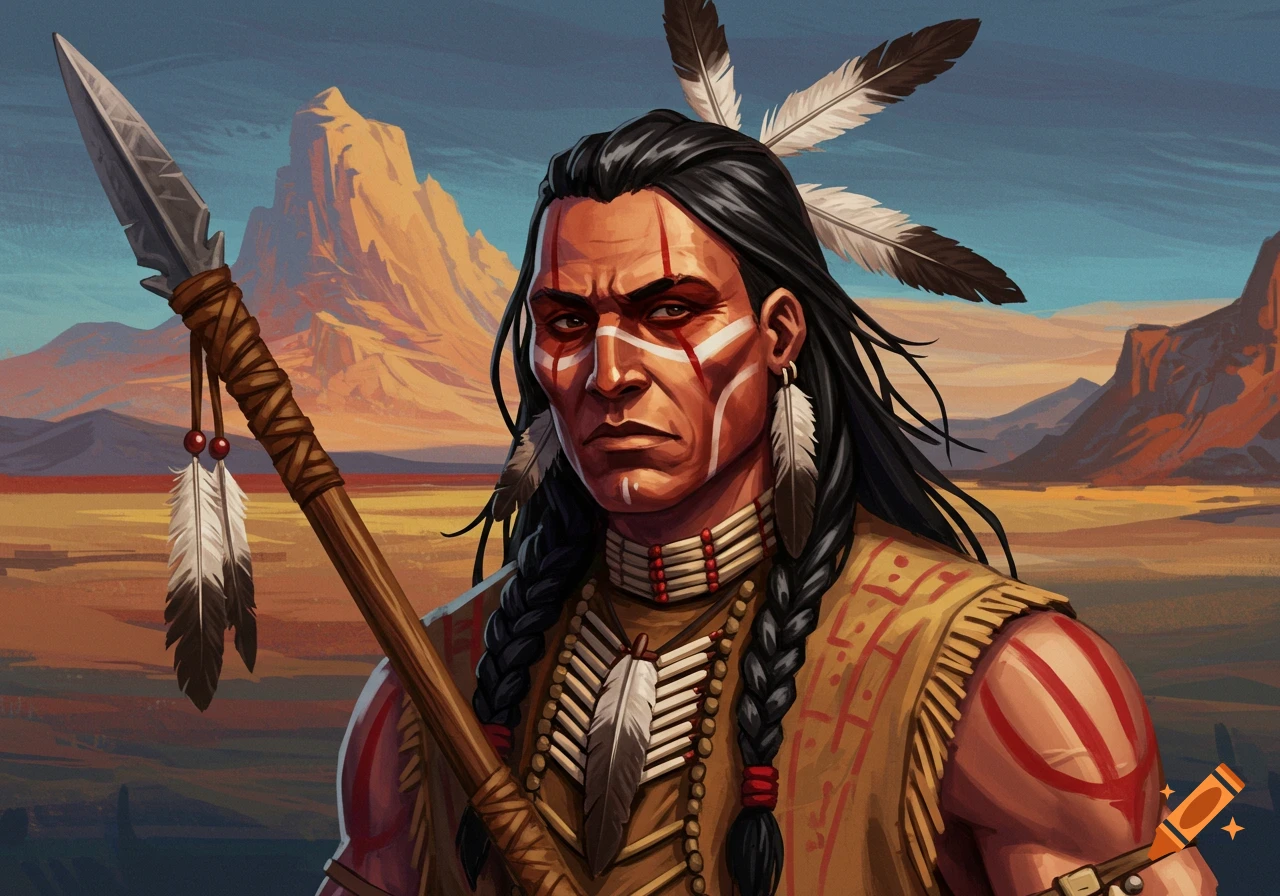 Illustration of a Native American man holding a spear in a desert.