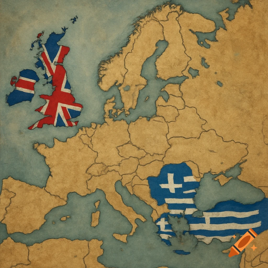 Map of Europe with the UK and Greece highlighted by their flags in a vintage style.