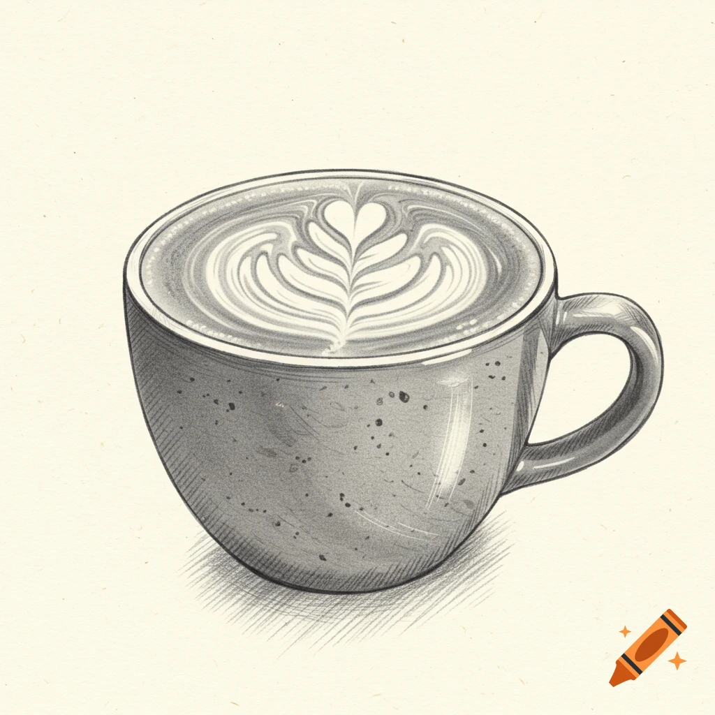 Pencil drawing of a latte in a cup with latte art