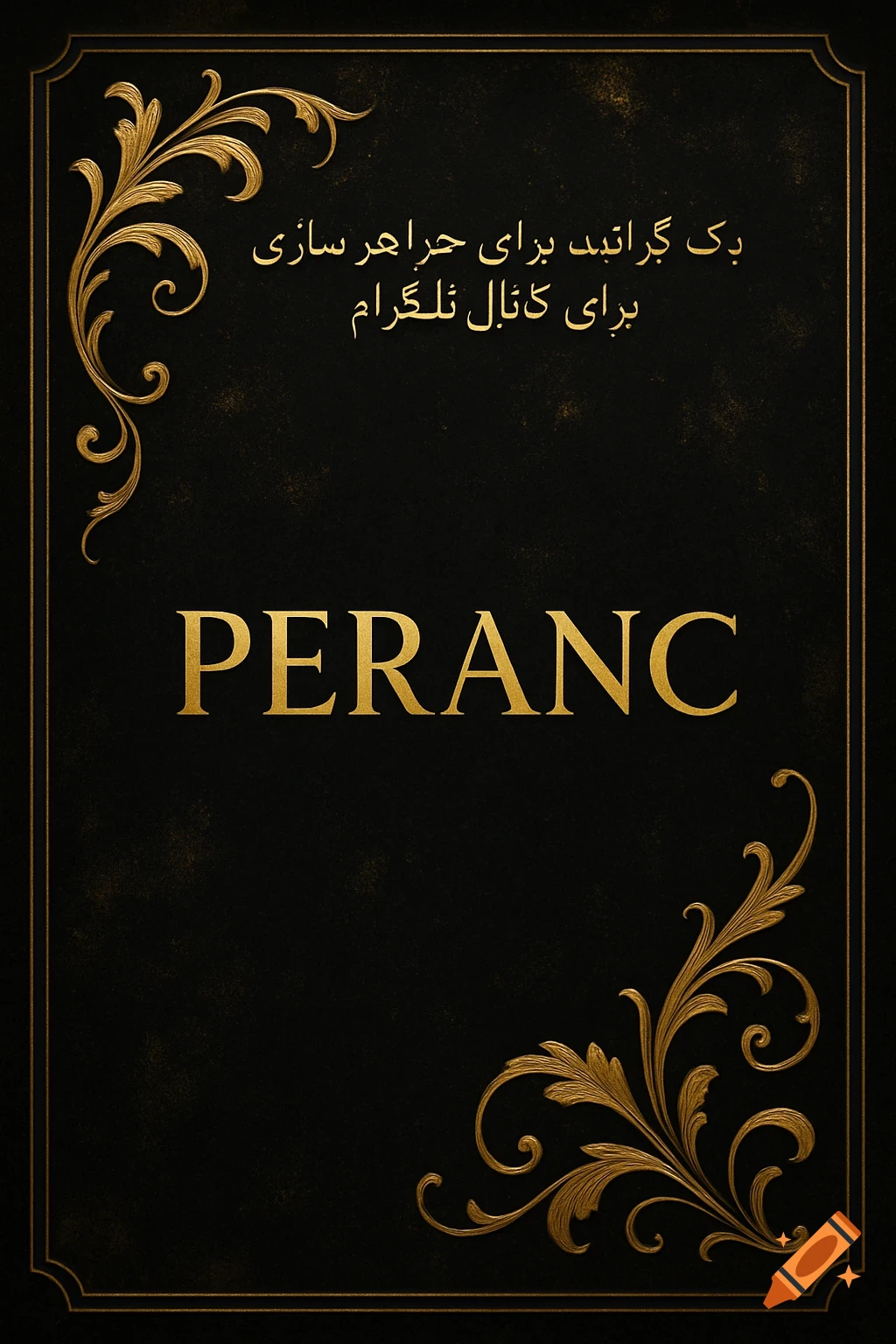 A black textured background with gold text "PERANC" and gold decorative flourishes in the corners, with text in Arabic script at the top.
