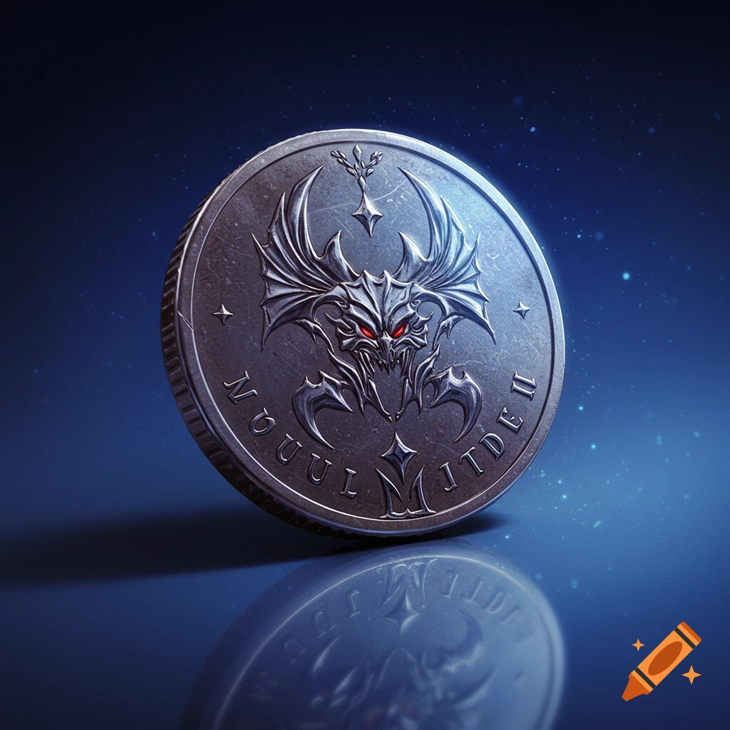A silver coin with a demonic face design and text, reflecting on a surface.