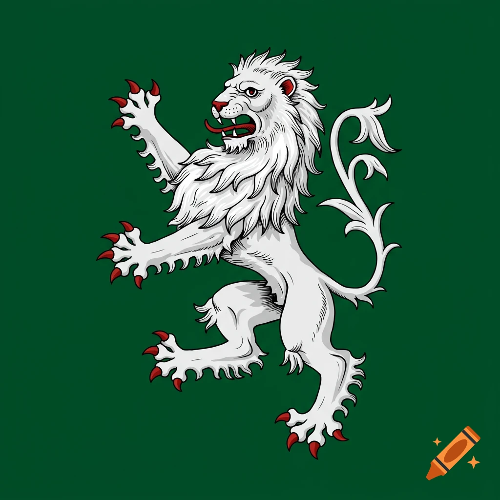 White lion rampant in a medieval crest style on a green background.