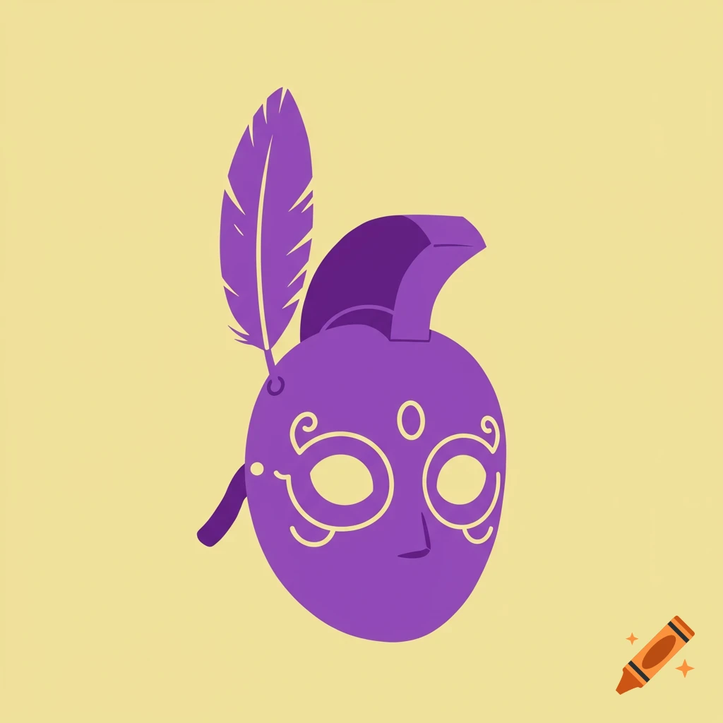 A purple gladiator mask with a feather on a light yellow background in a simple, flat style.