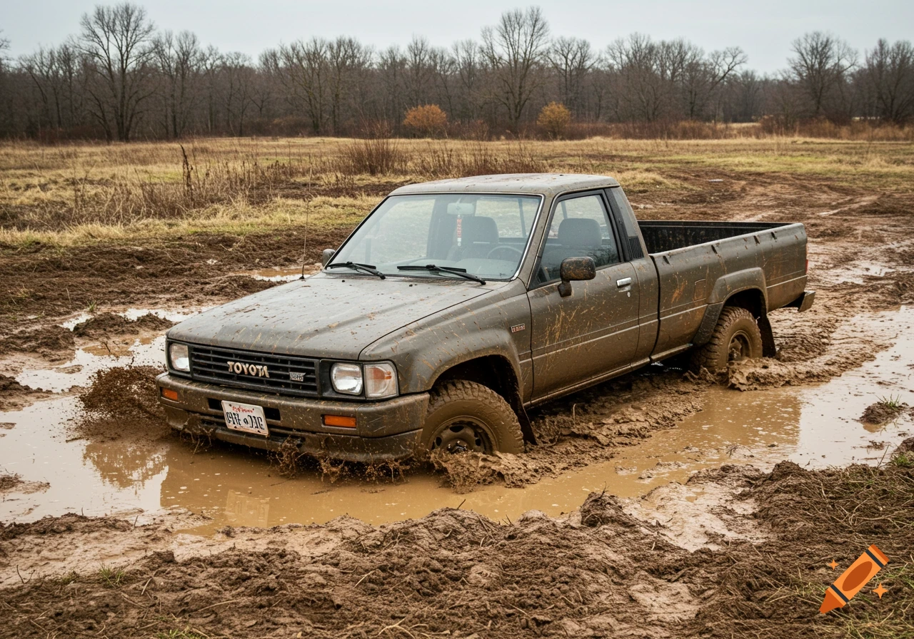 A muddy gray Toyota pickup truck is stuck deep in a muddy field with mud splashing around the wheels.
