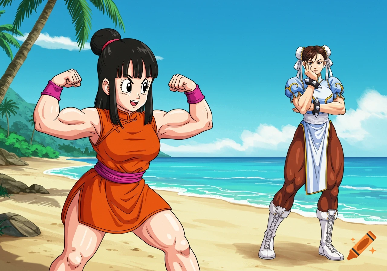 Anime style image of Chi-Chi flexing at the beach with Chun-Li posing nearby.