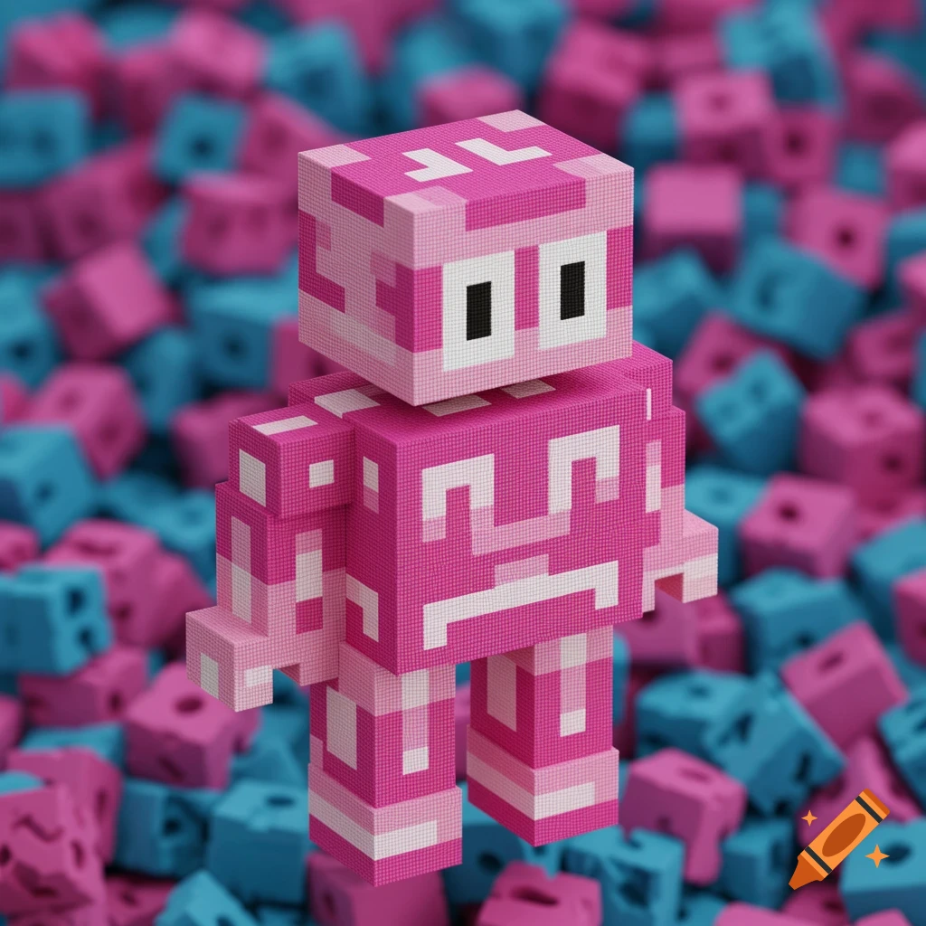A pink voxel character stands in a pile of pink and blue blocks.