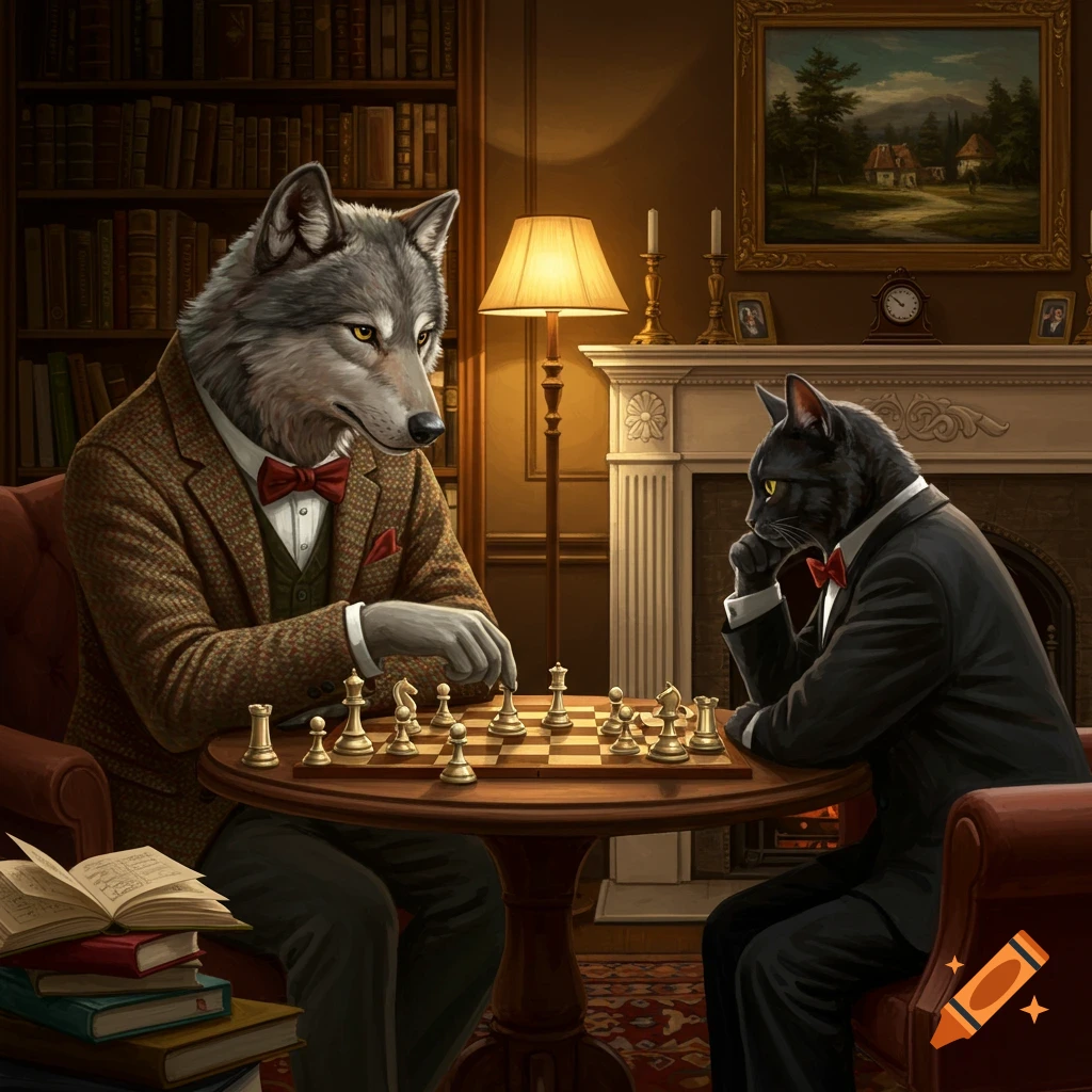 An anthropomorphic wolf and black cat in suits play chess in a library.