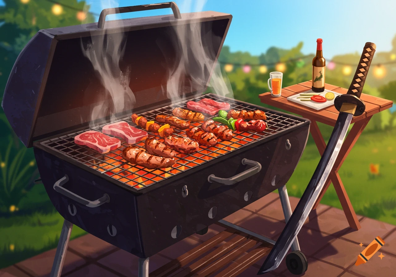 Food grilling on a BBQ in a backyard, with a table, drink, bottle, and a katana nearby.