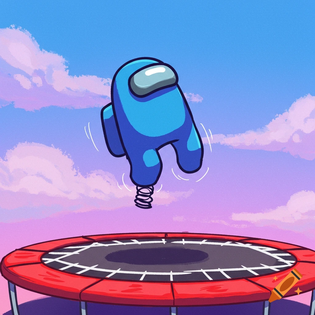Blue Among Us character with spring foot bounces on a trampoline against a colorful sky