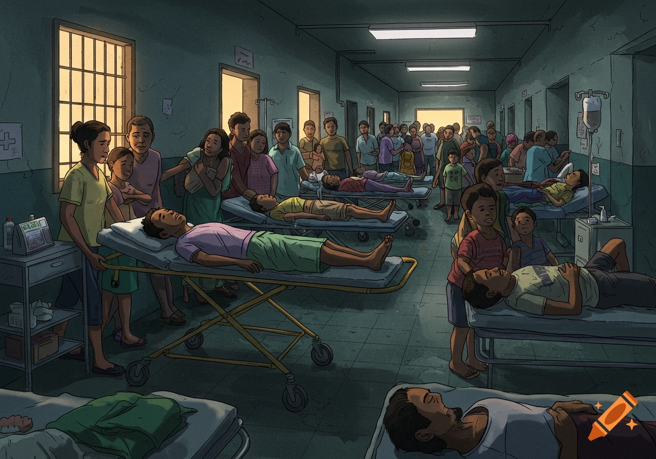 Illustration of a crowded, dimly lit hospital hallway with many people on beds and standing.