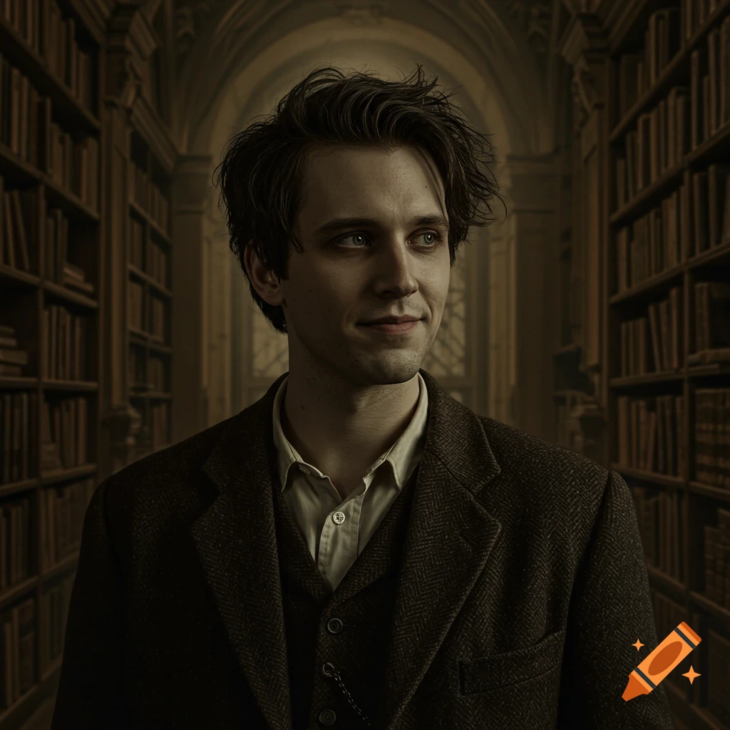A young man in a tweed suit and vest stands in a dimly lit library. on ...
