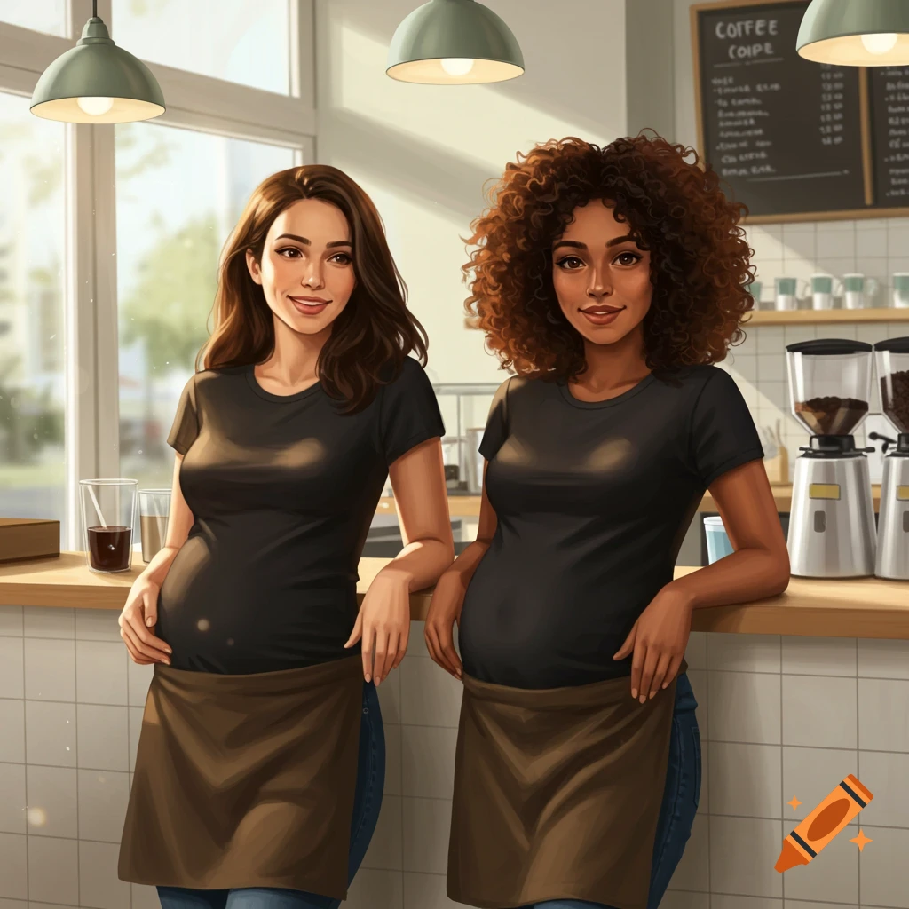 Two pregnant women smiling in a coffee shop, leaning on the counter.