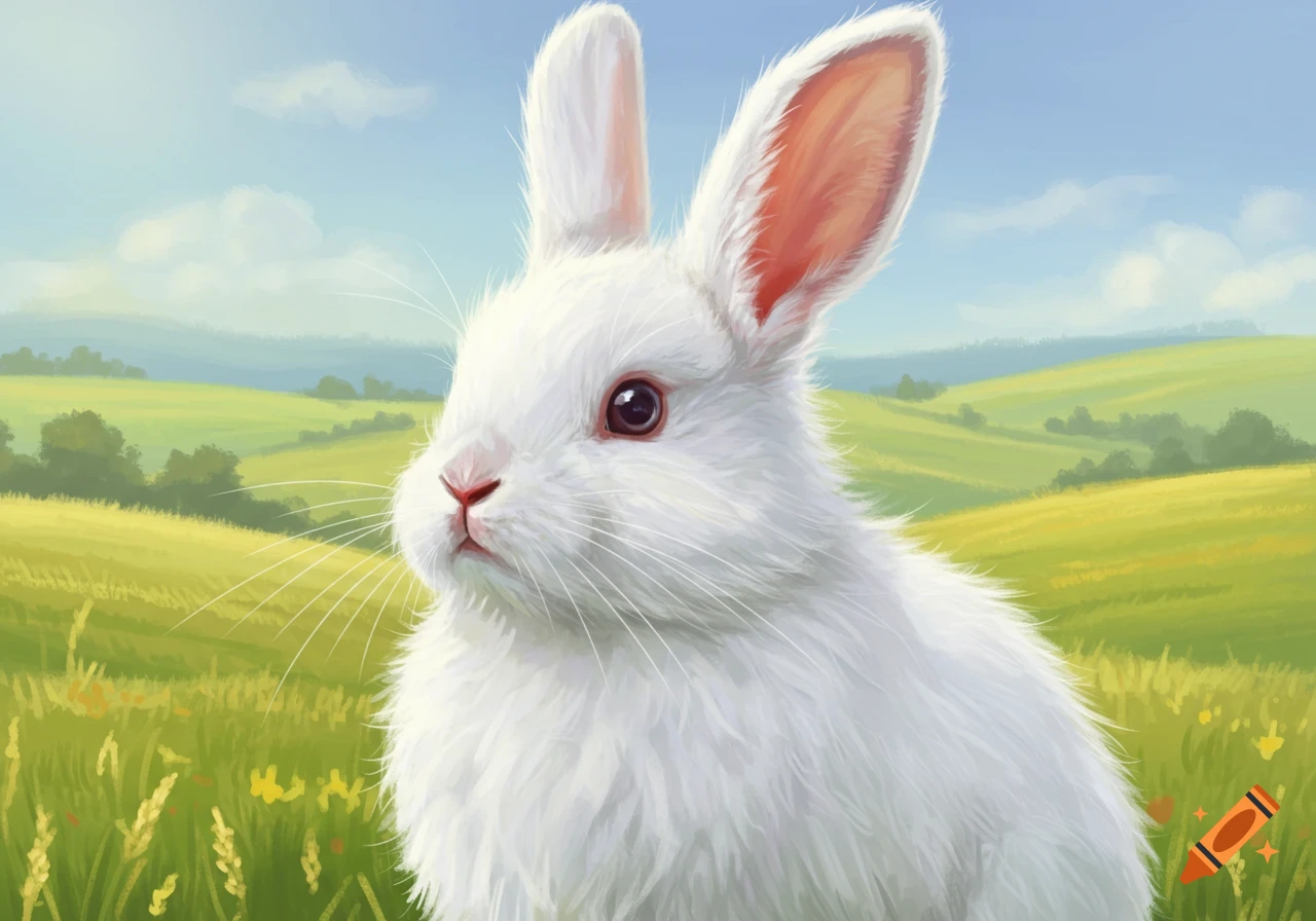 A white rabbit in a green field with hills under a blue sky, illustration.