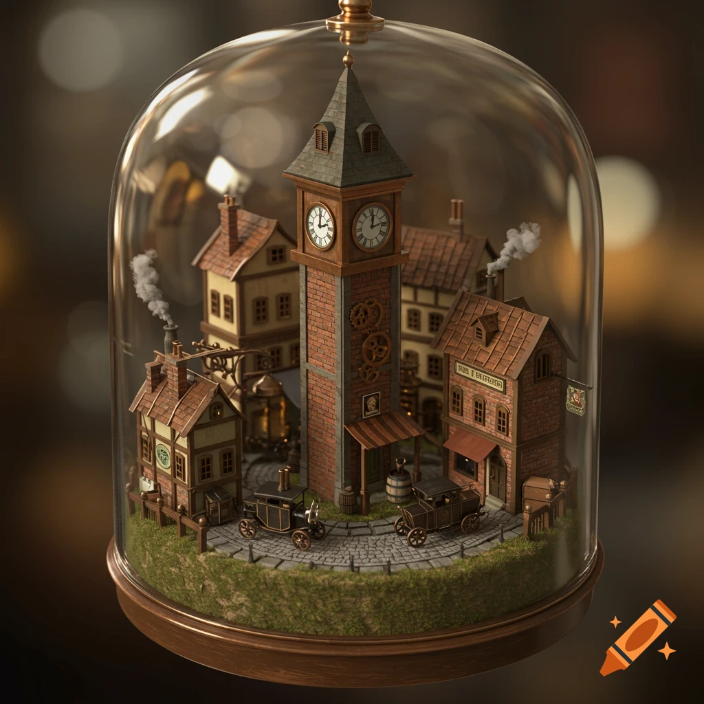 A detailed steampunk diorama of a small town inside a glass dome, featuring a clock tower, houses, and vintage carriages.