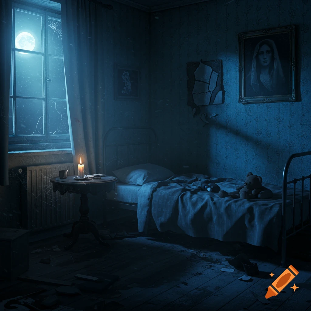 Dark, dilapidated bedroom with a candle lit on a table beside a bed, illuminated by a full moon outside the window.