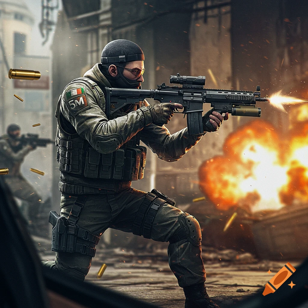 A soldier fires a rifle during urban combat with an explosion in the background.