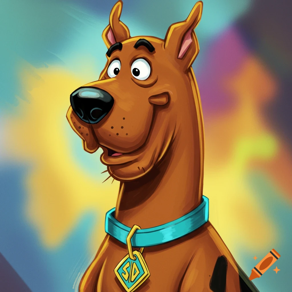 Cartoon portrait of Scooby-Doo looking surprised