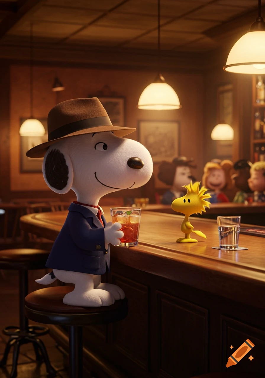 Snoopy in a suit and hat holding a drink at a bar with Woodstock in a 3D animated style