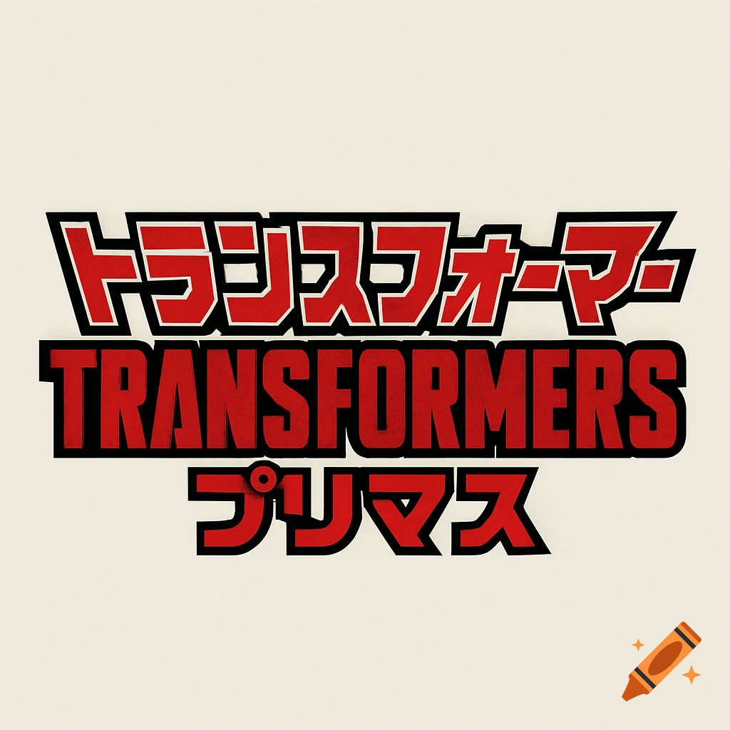 Red and black Transformers Primus logo with Japanese text on a light background.